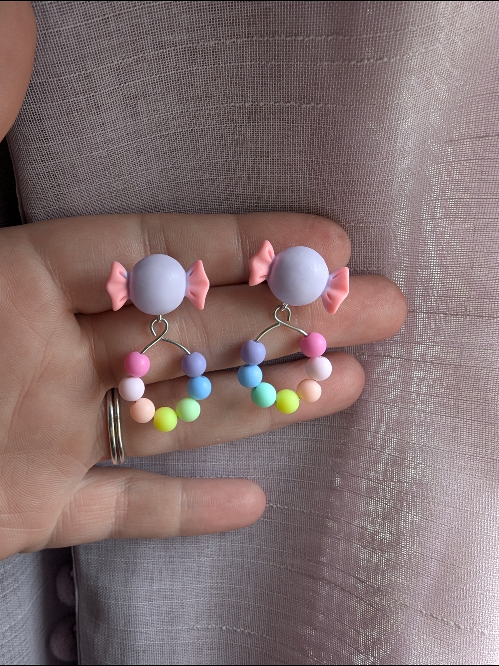Pastel Candy Bead Hoop Drop Earrings - Pink & Lavender
